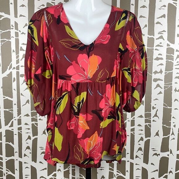 Anthropologie Maeve Floral Print Balloon Sleeve Hi-Low Hem Blouse XS - Picture 1 of 8